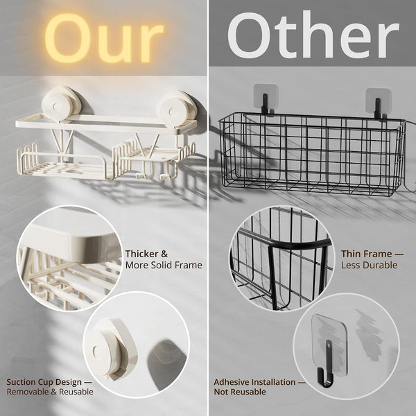 Suction Cup Shower Caddy with Soap & Razor Holder, Hooks, Cream White6