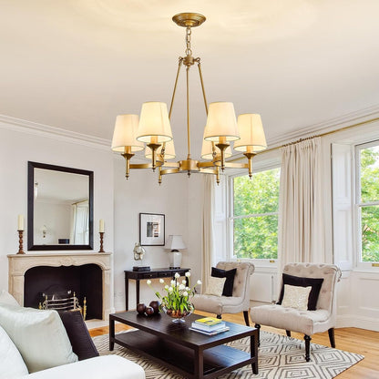 Gold Wagon Wheel Chandelier with White Linen Shade 6-Light Industrial Ceiling Light Fixture 26.8Inch Large Farmhouse Hanging Pendant Light for Dining Living Room Kitchen Bedroom Entryway Foyer8