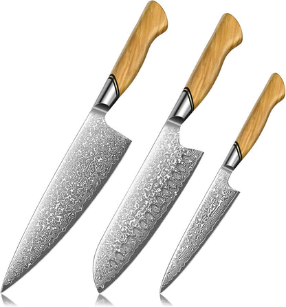 Damascus Kitchen Knife Set, 3 PCS Japanese Chef Knife Set | Japanese VG10 Steel, Honbazuke Sharpening Method, Ergonomic Olive Wood Handle, Gift Box, for Meat, Vegetables & Daily Cooking1