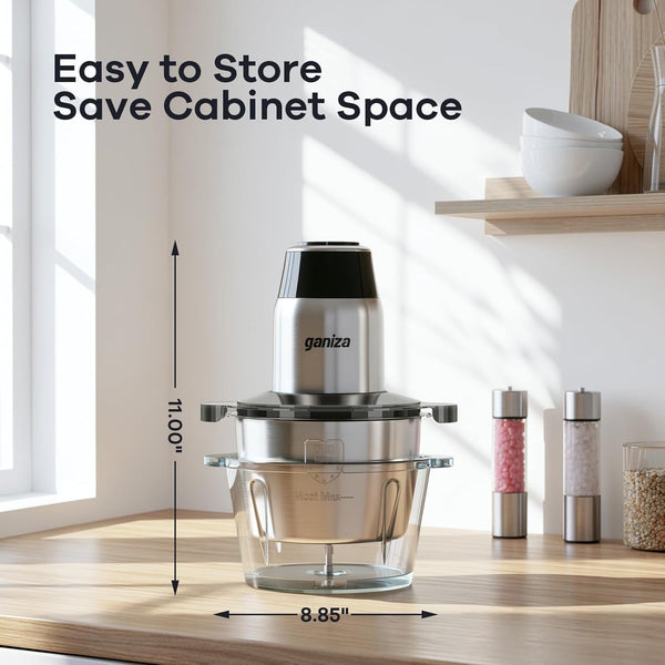 Food Processors with 2 Bowls, 450W Meat Grinder Vegetable Chopper | 2-Speed Electric Food Chopper with 8 Cup Glass & 8 Cup Stainless Steel Bowls -Includes 2 Sets of Blades for Fruits/Meat/Nuts2