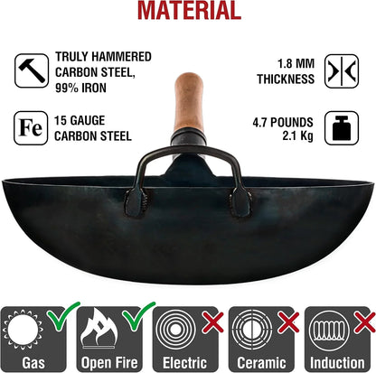 Blue round Bottom Wok Pan – 14" Woks and Stir Fry Pans + Wok Lid 13.6 Inch - Premium Stainless Griddle Dome with Tempered Glass Insert Steam Holes5