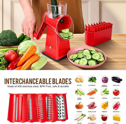 Rotary Cheese Grater with 5 Well-Designed Blades & Strong Suction Base, Kitchen Mandoline Vegetable Slicer with Blade Storage Box (RED)4