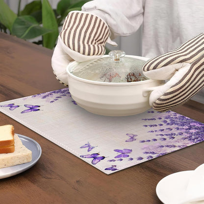 6 Pcs Placemats,Lavender Butterfly Placemat,Purple Table Mats Washable Recyclable Table Placemats for Indoor Outdoor Heat Resistant Kitchen Dining 12"X18"4