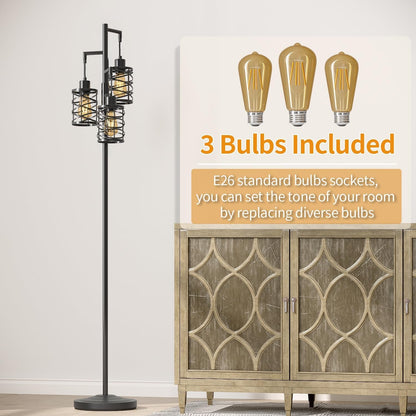70" Industrial Floor Lamp, Stepless Dimmable Standing Lamp with 3 Bulbs, Farmhouse Corner Standing Tree Lamp for Living Room, Tall Lamps for Bedroom, Office, Study Room, Dining Room, Black4