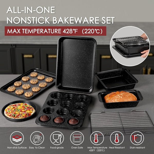 Pots and Pans Set Non Stick 31 Piece Kitchen Nonstick Cooking Cookware Sets with Grill Pan Saucepan Baking Sheet Utensil, Black6