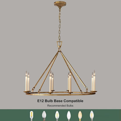 Gold Wagon Wheel Chandelier Rustic 35.4'' Candle-Shaped Metal Chandeliers Antique Brass round Ceiling Hanging Light Fixture (8-Light)4