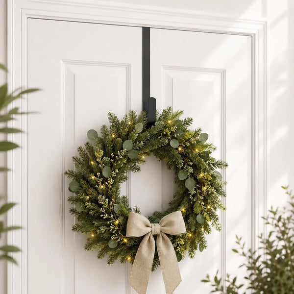 15" Wreath Hanger for Front Door, over the Door Wreath Hook | No Drilling or Screws. Protects Doors, Closes Normally, Holds 22 Lbs for Holiday & Seasonal Décor. Black, 1 Pack2