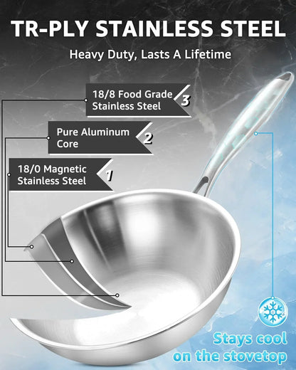 13 Inch Tri-Ply Stainless Steel Wok Pan, Uncoated Wok for Stir Fry | PFOA/PFOS Free, Heavy-Gauge Flat Bottomed Cookware, Suitable for Induction & Electric Stoves, Detachable Handle2