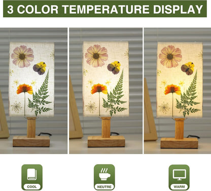 Dried Flowers Table Lamp 5W LED 3Color Temperatures Pressed Flower Bedside Lamp Square Linen Shade with Wood Base for Bedroom Living Room6