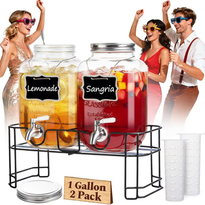 1 Gallon Glass Drink Dispensers for Parties, 2 Pack Leakproof Beverage Dispenser with Stand & 18/10 Stainless Steel Spigot & Filter -For Lemonade, Juice, Sun Tea, Punch- ALL DISHWASHER SAFE1