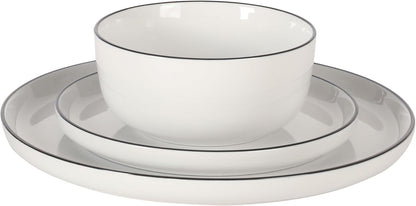 Oslo 12-Piece Porcelain Dinnerware Set – Dinner Plates, Salad Plates & Bowls, Classic White with Black Rim Everyday Dish Set for Home, Kitchen, Microwave & Dishwasher Safe8