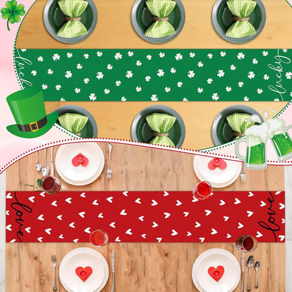 St. Patrick'S Day Linen Table Runner Valentine'S Day Table Runner Red Love and Green Lucky Shamrock Tables Decoration for Dinning Kitchen Home Party Decoration Supplies (13 X 72Inch)6