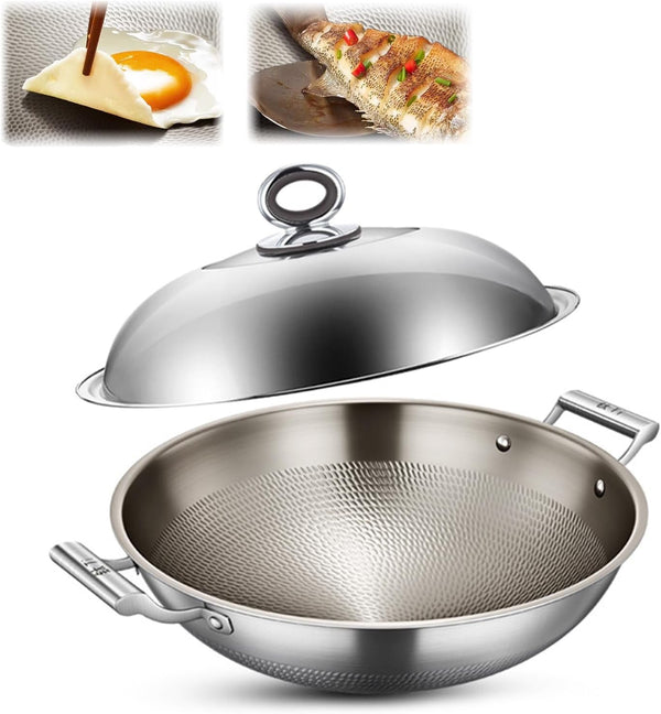17.72 Inch Hammered Titanium Wok Double Handle with Lid Nonstick(With Lid 1 | Durable Scratch Resistant Uniform Heat Wok Designed for Stir Fry Cooking on All Types of Kitchen Stovetops1