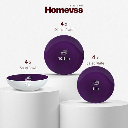 Homevss, Stoneware Coupe Shape 12Pc Dinnerware Set, outside White + inside Purple2