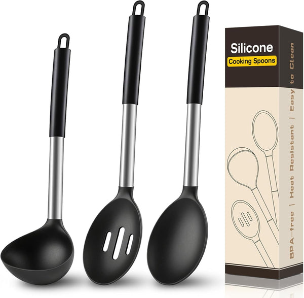 3 Pcs Silicone Cooking Spoon Set, Kitchen Utensils Include Solid & Slotted Spoon, Soup Ladle, Food-Grade Heat Resistant, Non-Scratch Spoons for Serving, Stirring, Draining, Dishwasher Safe, Black1