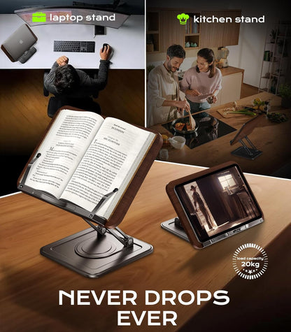 Book Stand for Reading, 360° Rotating Holder with Page Clip, Ergonomic | Adjustable Height Angle, Hands-Free, Anti-Slip Base, Fits Tablets Cookbooks Magazines Laptops, Wood and Metal, Black4