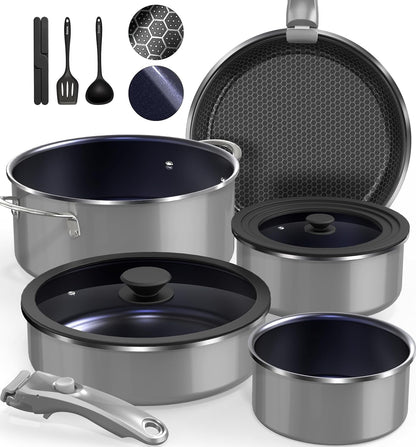 Ceramic Pots and Pans Set Non Stick, 2026 Upgraded Hybrid Frypan, 1.5&2 QT Saucepans with Lid, Oil-Less Cooking, PFAS Free Non Toxic, Induction Ready,Oven&Dishwasher Safe,Removable Handle,12Pc1