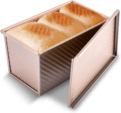 Pullman Loaf Pan with Lid, 1 Lb Dough Capacity Non-Stick Bakeware for Baking Bread, Carbon Steel Corrugated Bread Toast Box Mold with Cover for Baking Bread, Gold1