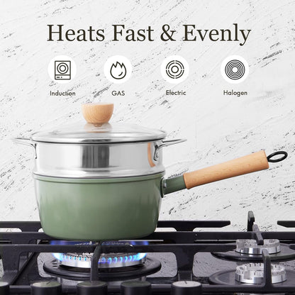Ceramic Nonstick Sauce Pan with Lid, 2 Quart Cooking Pot, Small Saucepan with Steamer, PTFE& Pfas-Free, Wooden Handle for Cool Touch, Universal Base(Gas, Electric & Induction), Green6
