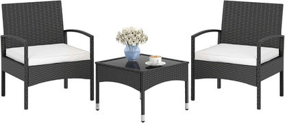 3-Piece Patio Furniture Set, Rattan Bistro Chairs with Soft Cushions, Tempered Glass Top Coffee Table, Outdoor Wicker Conversation Set for Porch Balcony Backyard Poolside (Beige)1
