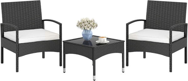 3-Piece Patio Furniture Set, Rattan Bistro Chairs with Soft Cushions, Tempered Glass Top Coffee Table, Outdoor Wicker Conversation Set for Porch Balcony Backyard Poolside (Beige)1