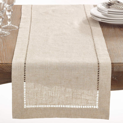 Poly and Linen Blend Hemstitched Table Runner with Hemstitch Border, 16"X72", Natural2