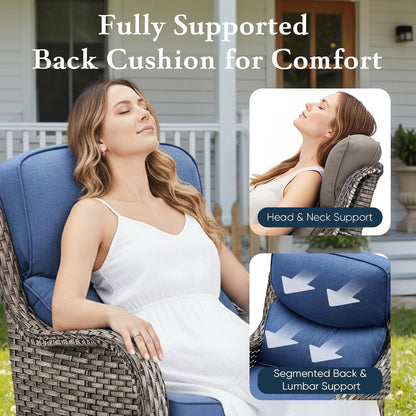 Luxury 6" Thick Cushioned Outdoor Swivel Rocker Patio Chairs with Side Table, High Back Furniture Set with Ergonomic Zone Back, Wicker Conversation Glider Set for Deck Porch - Grey+Blue7