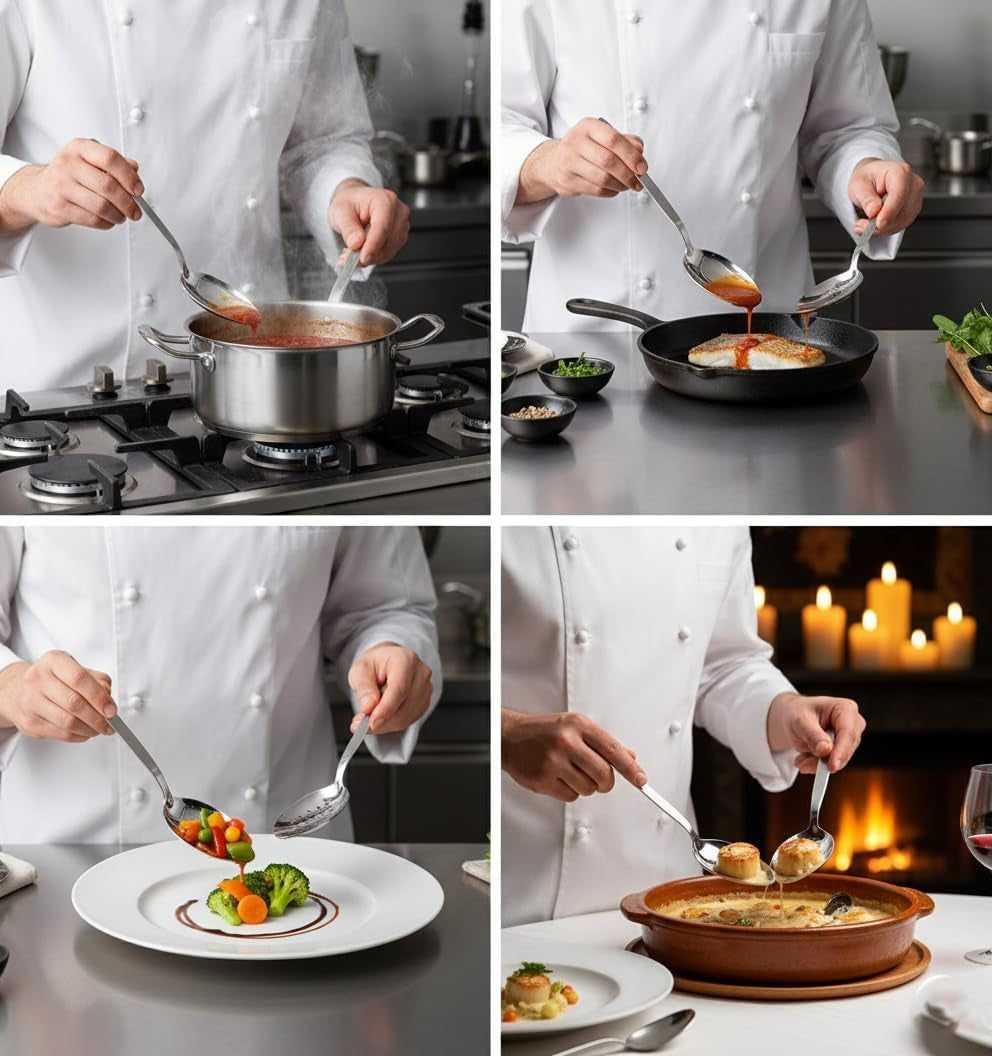 kunz-perforated-and-regular-set-pack-of-2-9-inch-18-10-stainless-steel-cooking-serving-spoon-daily-chef-basting-quenelle-saucing-plating-spoon-dishwasher-safe