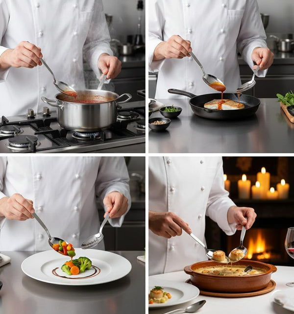 Kunz Perforated and Regular Set | Pack of 2 | 9 Inch 18/10 Stainless Steel Cooking Serving Spoon | Daily Chef, Basting, Quenelle, Saucing, Plating Spoon | Dishwasher Safe5