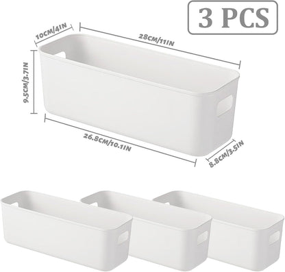 3 Pack White Storage Bin, 10" Long Bathroom Organizing Bins, Plastic Organizer Bins with Handles for Vanity, Pantry, Shelves2
