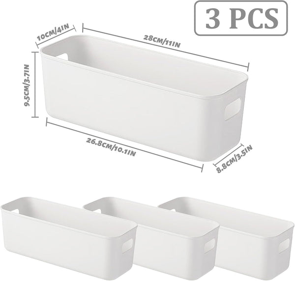3 Pack White Storage Bin, 10" Long Bathroom Organizing Bins, Plastic Organizer Bins with Handles for Vanity, Pantry, Shelves2