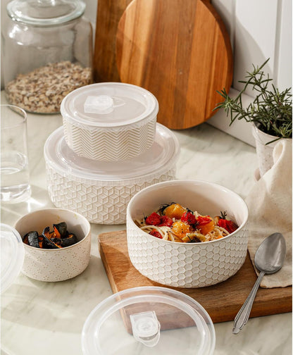 Serving Bowls with Lids, Ceramic Nesting Bowls Set of 4, Off-White5