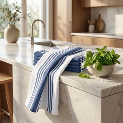 Kitchen Towels 100% Cotton Dish Towels for Kitchen (Set of 6) 20”X30” Dish Cloths Highly Absorbent Kitchen Linen Set with Hanging Loop Perfect for Drying Dishes Cleaning Towels-Blue White6