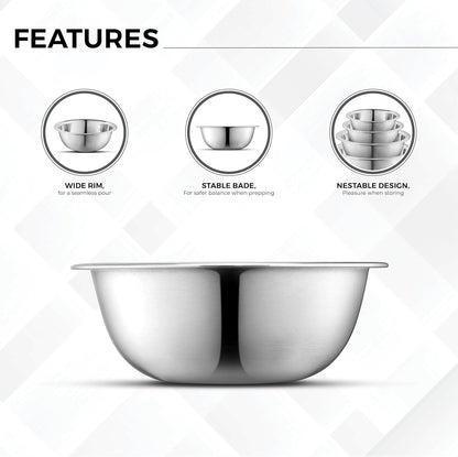 Set of 6 Premium Stainless Steel Mixing Bowls Set, Easy to Clean, Space Saving Nestable Design, Great for Cooking, Baking, Prepping (0.75Qt, 1.5Qt, 3Qt, 4Qt, 5Qt, 8Qt)5