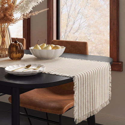 Striped Table Runner 71X12 Inch Brown Cotton Linen Fringe5