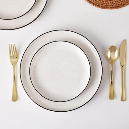 Plates and Bowls Sets for 4,12 Pieces Ceramic Dish Set, White Dinnerware Set for Kitchen, Modern Design Plate Sets with Black Rim, Microwave and Dishwasher Safe5