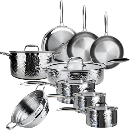 14-Piece Tri-Ply Hammered Stainless Steel Cookware Set | Multifunctional 14Pc Pots and Pans with Steamer | Non-Toxic No-Coating Nonstick | Induction & Oven-Safe up to 500°F1