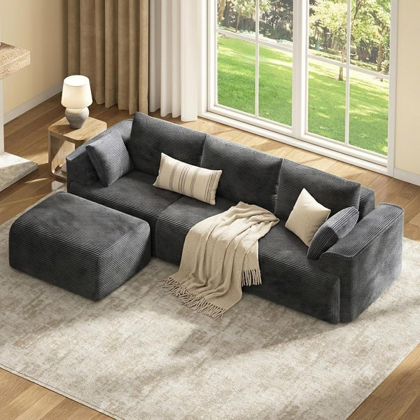 108" Cloud Couch Sectional for Living Room, L Shaped Convertible Sofa Set with 2 Pillows and 3 Cushions Back, Corduroy Modular Boneless Couch with Ottoman, Dark Grey1