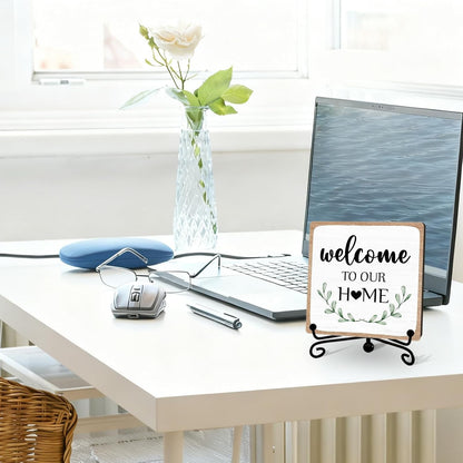 Welcome to Our Home Sign Decor, Rustic Home Kitchen Wooden Sign with Iron Stand, Housewarming Gift for Living Room Bedroom Bathroom Shelf Table - A045