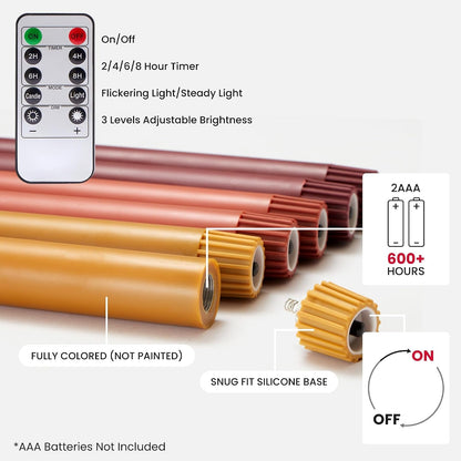 Fall Flameless Taper Candles with Remote and Timer, 10" 6Pk LED Candlesticks, Battery Operated Thanksgiving Candles with 3D Flickering Flame, Bordeaux, Terra Cotta & Caramel (Autumn Harvest)6