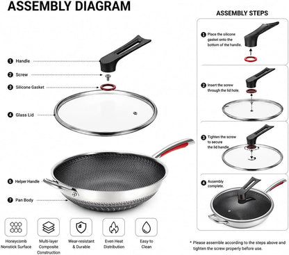 12.6-Inch Stainless Steel Wok Pan with Glass Lid - Tri-Ply Nonstick Wok & Stir-Fry Pan, PFOA Free Uncoated Cookware for All Cooktops, Induction Compatible, Flat Bottom2