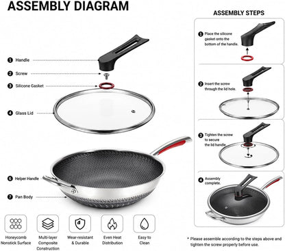 14-Inch Stainless Steel Wok Pan with Glass Lid - Tri-Ply Nonstick Wok & Stir-Fry Pan, PFOA Free Uncoated Cookware for All Cooktops, Induction Compatible, Flat Bottom2