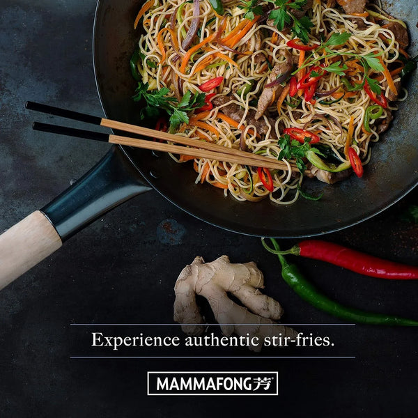 Pre Seasoned Blue Carbon Steel Flat Bottom Wok -14 Inch Chinese Pow Wok - Traditionally Hand Hammered Woks and Stir Fry Pans7