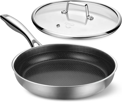 12Inch Frying Pan with Lid Ceramic Nonstick Stainless Steel Skillet | 5-Ply Stainless Steel;Ceramic Nonstick for Metal Utensils;Oven Safe 500°F;PFAS PFOA Free;Cool-Touch Handle;All Stovetops1
