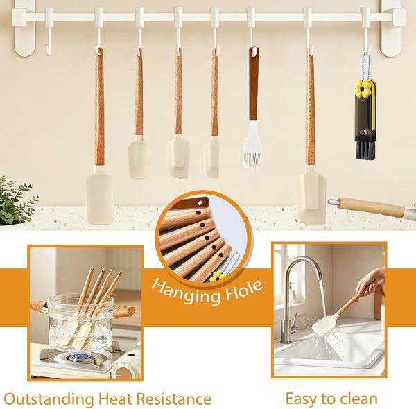 7 Piece Silicone Spatula Set, Food Grade Rubber Spatula Set with Wooden Handle, Heat Resistant up to 600°F, Silicone Utensils Set for Baking, Cooking & Mixing, Jar, Non-Stick Kitchen Utensils3