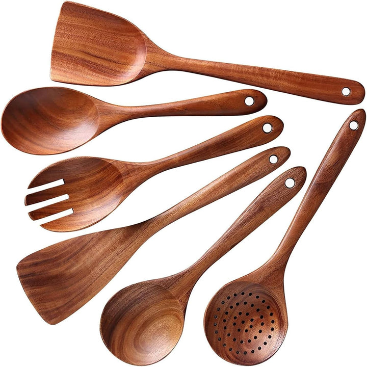 6-Piece Teak Wood Cooking Utensil Set, Wooden Spoons for Cooking