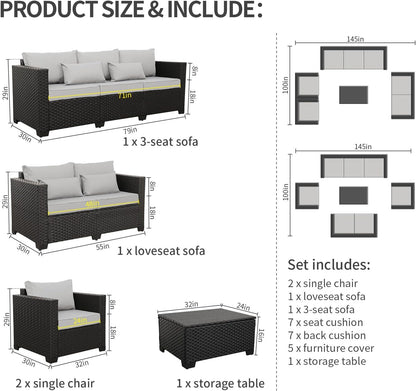 5-Piece Patio Furniture Sofa Set Outdoor Wicker Sectional Couch with Storage Table Non-Slip Cushions Furniture Covers, Grey6