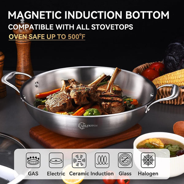 10-Inch Stainless Steel Wok with Lid | 2.5-Quart | Dual Handles | Small | Uncoated Tri-Ply Stir Fry Pan | Everyday Cooking Wok for Induction | Flat Bottom | PFOA-FREE | 1-2 Servings ﻿4