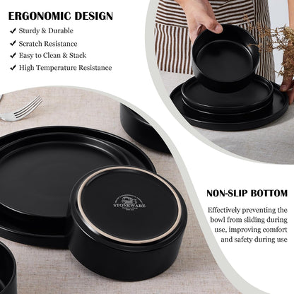 Black Dinnerware Sets for 6, 18-Piece Stoneware Plates and Bowls Dish Set, Modern Kitchen Dinning Dishware, Chip and Scratch Resistant, Microwave & Dishwasher Safe, Matte Black5