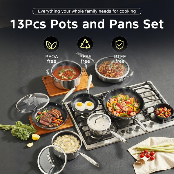 13Pcs Nonstick Pots and Pans Set Stainless Steel Cookware Sets | Hybrid Titanium Non Stick Frying Pans, Saucepans, Saute Pan & Stock Pot, PFOA Free Kitchen Skillet, Induction Compatible2